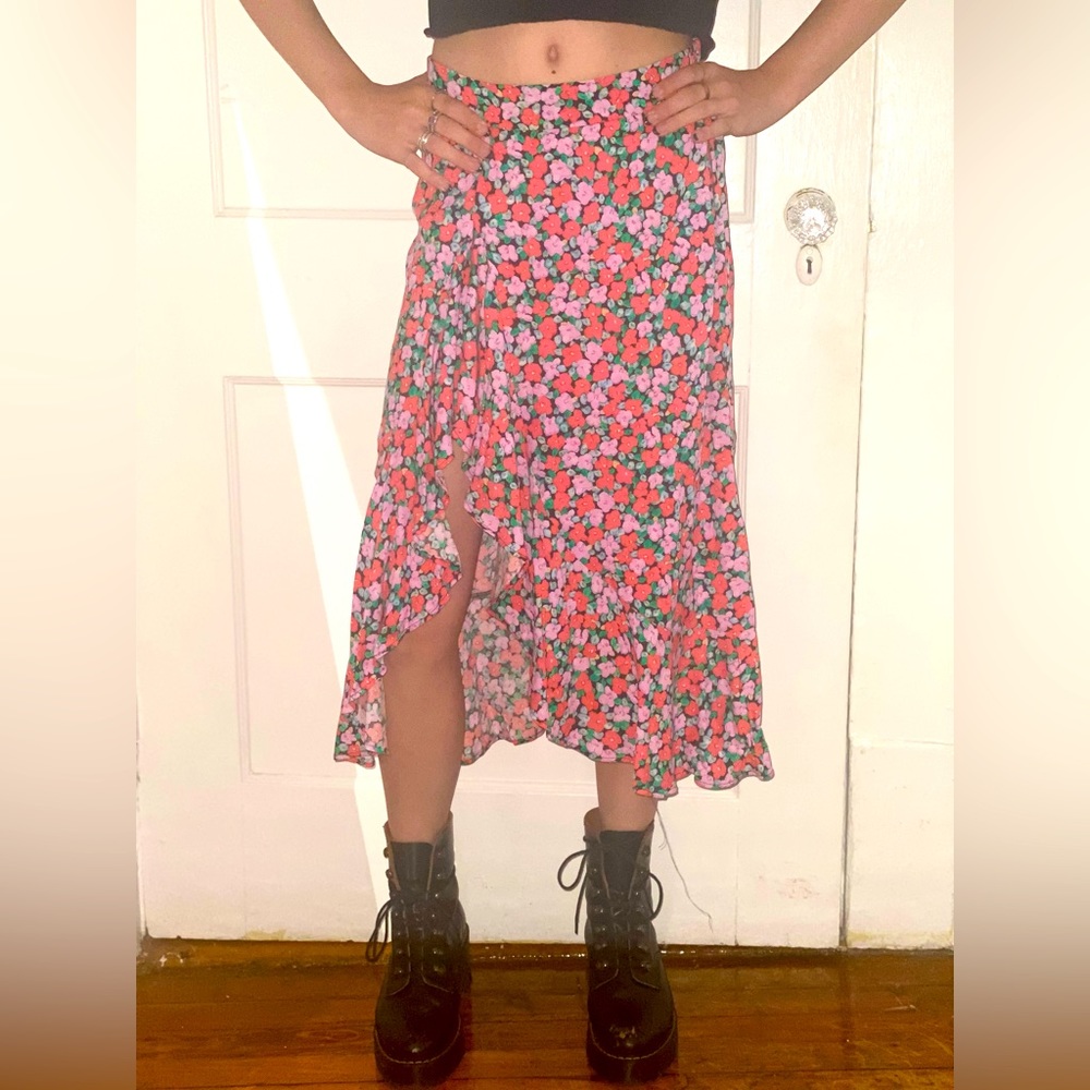 Bershka floral print ruffle midi skirt